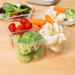 4 COMPATMENT PLA WITH FOOD : Elementa Inc 4 Compartment Clear PLA Container filled with Vegetables.