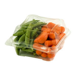 Small Hinged Clear Clamshell Filled with Vegetables.