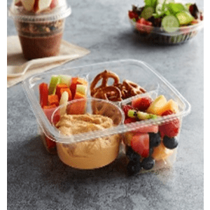 PLA 4 section : Elementa Inc 3 Compartment Clear PLA Container filled with fruits, food, and cookies.