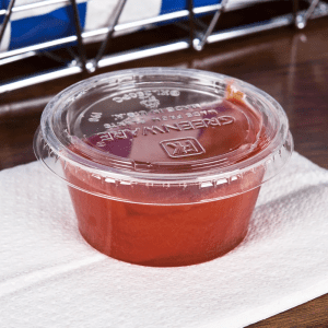Pic portion cup : Elementa Inc 2oz PLA- Portion Sauce Cup filled with ketchup