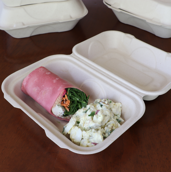 Hinged Fiber Hoagie Box Containing sandwich and salad