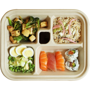 fiber five compartments compostable bento box containing sushi, rice, and vegetables.